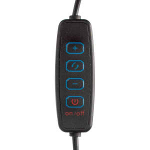 A black control panel with five buttons, including a power switch and volume controls, connected by a cable.