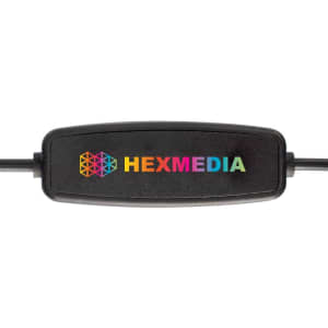 A black power control with a colourful logo, featuring a hexagon design and the word "HEXMEDIA."