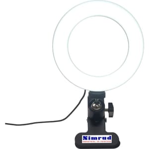 A 6-inch white LED halo light on a black adjustable stand, featuring a logo on the base.