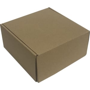 A brown, plain cardboard box with a flap closure, featuring a smooth surface and no visible markings.