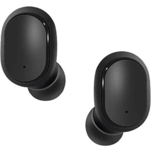 Black wireless earbuds with a sleek design, featuring a small branding logo on one of the earbuds.