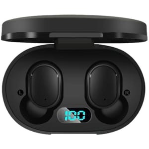 A pair of black wireless earbuds stored in a charging case with a digital display.