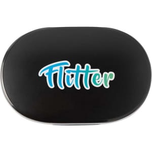 A black charging case for earbuds with a logo on the top, featuring shades of blue and green.