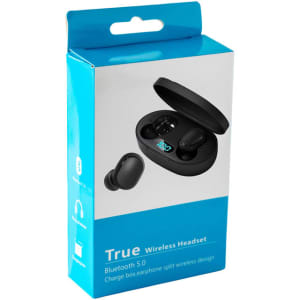 A black box containing Hastings Pro TWS Earbuds with a Bluetooth 5.0 design, featuring a charging case.
