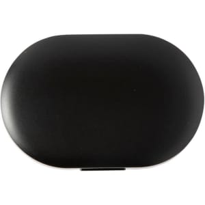 A black charging case for wireless earbuds features a sleek, rounded design and includes a logo.