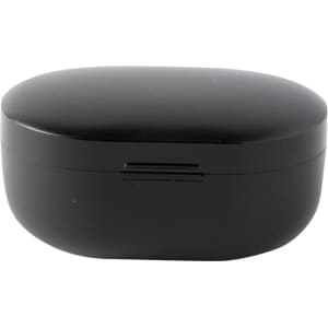 A black charging case for wireless earbuds, featuring a smooth, rounded design.