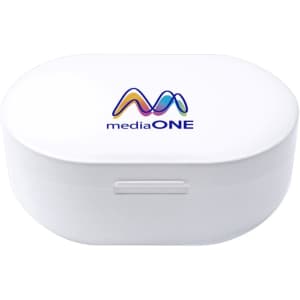 A white charging case for wireless earbuds featuring a multi-coloured logo on the top.