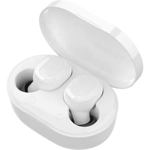 White wireless stereo earbuds sitting in a charging case. The case is also white and has a smooth finish.