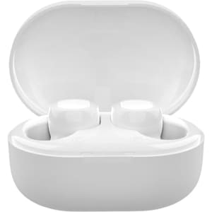 A pair of white true wireless stereo earbuds in a charging case, with the case open.