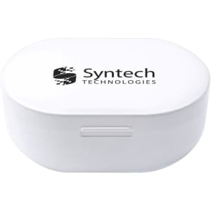 A white storage case for Rapid True Wireless Stereo Earbuds, featuring a logo on the lid.