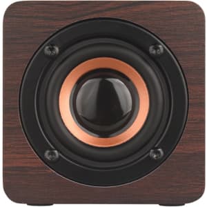 A square speaker with a wood-patterned exterior, featuring a black and copper speaker cone. It has a simple, elegant design.