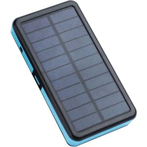 A solar-powered wireless power bank in black and blue, featuring a solar panel design on the top surface.