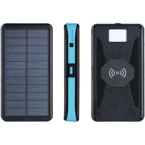 A solar-powered wireless power bank in black and teal, featuring solar panels on one side and a textured surface.