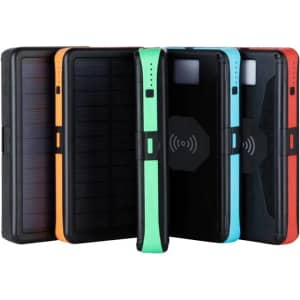 A collection of four solar-powered wireless power banks in black, orange, green, blue, and red, featuring branding.