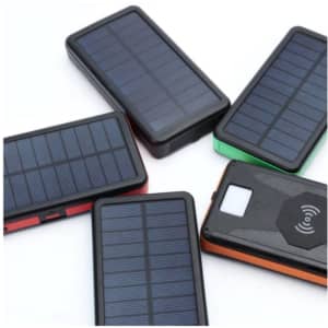 A collection of solar-powered wireless power banks in black, green, red, and orange, featuring a range of designs and a logo.