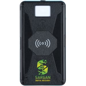 A black wireless power bank with a textured surface and a logo, featuring a wireless charging symbol.