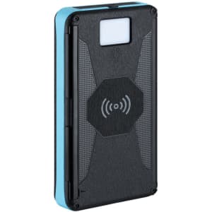A wireless power bank with a blue and black design featuring a logo and textured surface.
