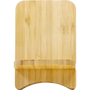 A bamboo wireless charge travel stand in a natural finish, featuring a smooth surface and curved base design.