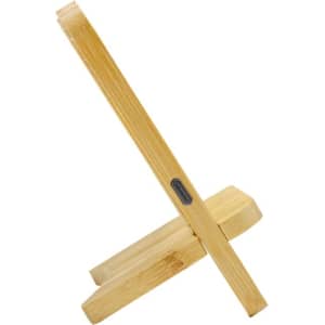 A bamboo wireless charging stand with a sleek design, featuring a charging port on the side.