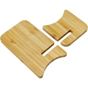 A bamboo wireless charging stand with two sections, designed for mobile devices. It features a natural wood finish.