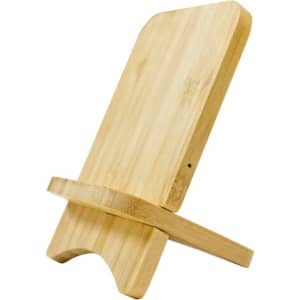 A bamboo wireless charging travel stand with a sleek, minimalist design, featuring a supportive base.