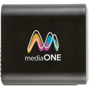 A black wireless charging speaker featuring a colourful logo. Compact design suitable for technology enthusiasts.