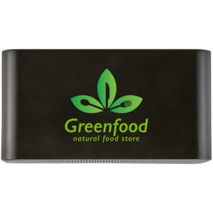 A black promotional product with a green logo featuring leaves and utensils, labelled as a natural food store.