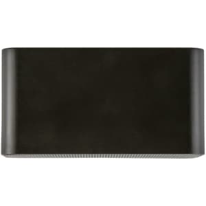 A black wireless charging speaker with a sleek rectangular design and a textured base, featuring a logo.