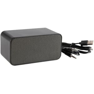 A black wireless charging speaker with a textured front and connected cables for charging and audio.