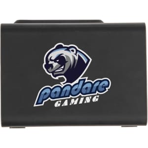 A black gaming accessory featuring a logo. The design is sleek and compact.
