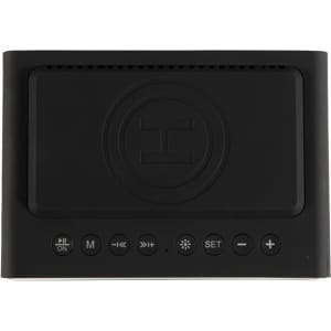 A black wireless charger speaker featuring controls on the front and a logo, designed for charging and alarm functions.