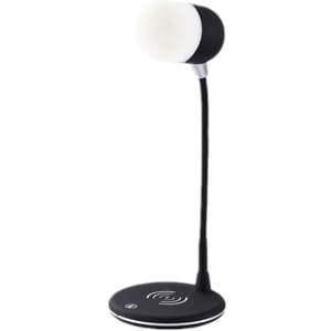 A black wireless charging sound lamp with a flexible neck and a round base, featuring a light at the top.