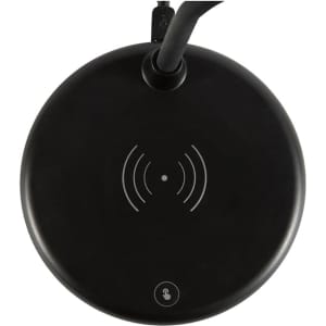 A round black wireless charging sound lamp featuring a sleek design with a logo at the base.