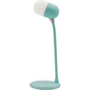 A mint green wireless charging sound lamp with a flexible neck and circular base, featuring a soft white light.
