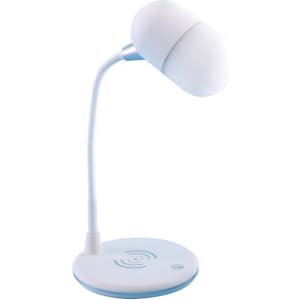 A white and blue wireless charging lamp with a flexible neck and a circular base featuring a logo.