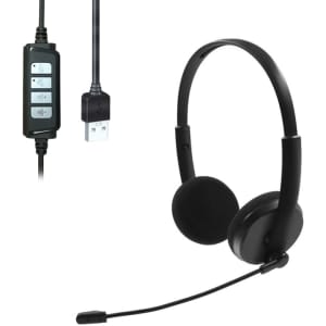 A pair of black headphones with a microphone attached and a USB connection, featuring an in-line control panel.