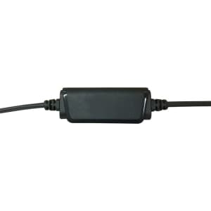 A black headphone inline remote control with wires attached. The device features buttons for functionality.