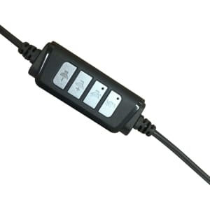 A black headphone control unit featuring four buttons for adjusting sound settings and volume.