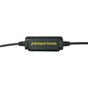 A black audio adapter with a logo, featuring a connector cable on either end.