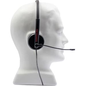 A side view of black Regent Conference Headphones with a flexible microphone attached, displayed on a mannequin head.