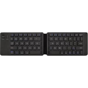 A foldable Bluetooth keyboard in black, featuring a compact design with standard keys and a side logo.