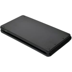 A black foldable Bluetooth keyboard, compact and portable, featuring a sleek design and a USB charging port.