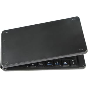 A foldable Bluetooth keyboard in black, featuring a compact design with visible keys and a protective cover.