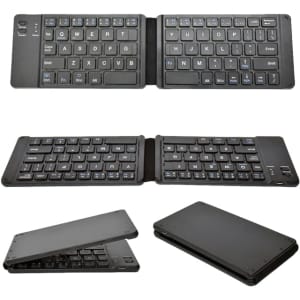 A foldable black Bluetooth keyboard displayed in various positions, featuring a compact design and a logo.