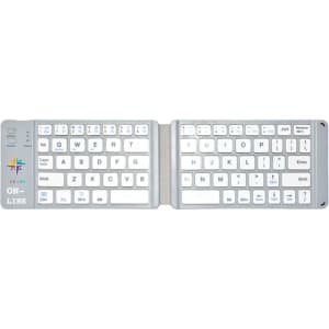 A foldable Bluetooth keyboard in silver, featuring a compact design and a logo.