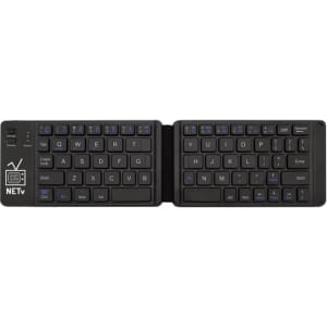 A foldable Bluetooth keyboard in black, featuring a compact layout and a logo on the left side.