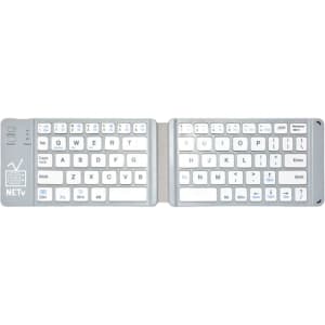 A foldable Bluetooth keyboard in silver, featuring a compact design and a logo on one side.
