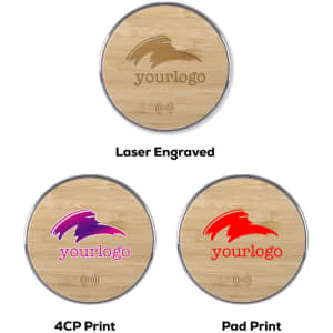 A wireless charger featuring a bamboo surface, showcasing three design options with different printing styles and colours.
