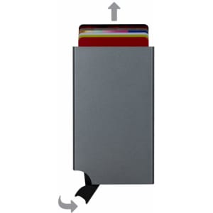 A grey RFID case with cards partially revealed at the top, featuring a pull tab and a logo.