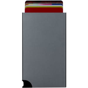 A slim, grey RFID case with colourful cards visible at the top and a rounded corner design.